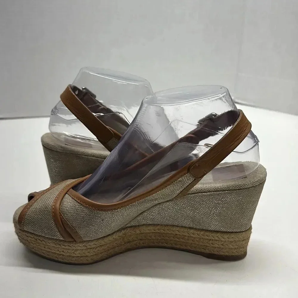 Tory Burch Mya Espadrille Wedge Heels Pump Peep Toe Slingback Brown Sparkle 7